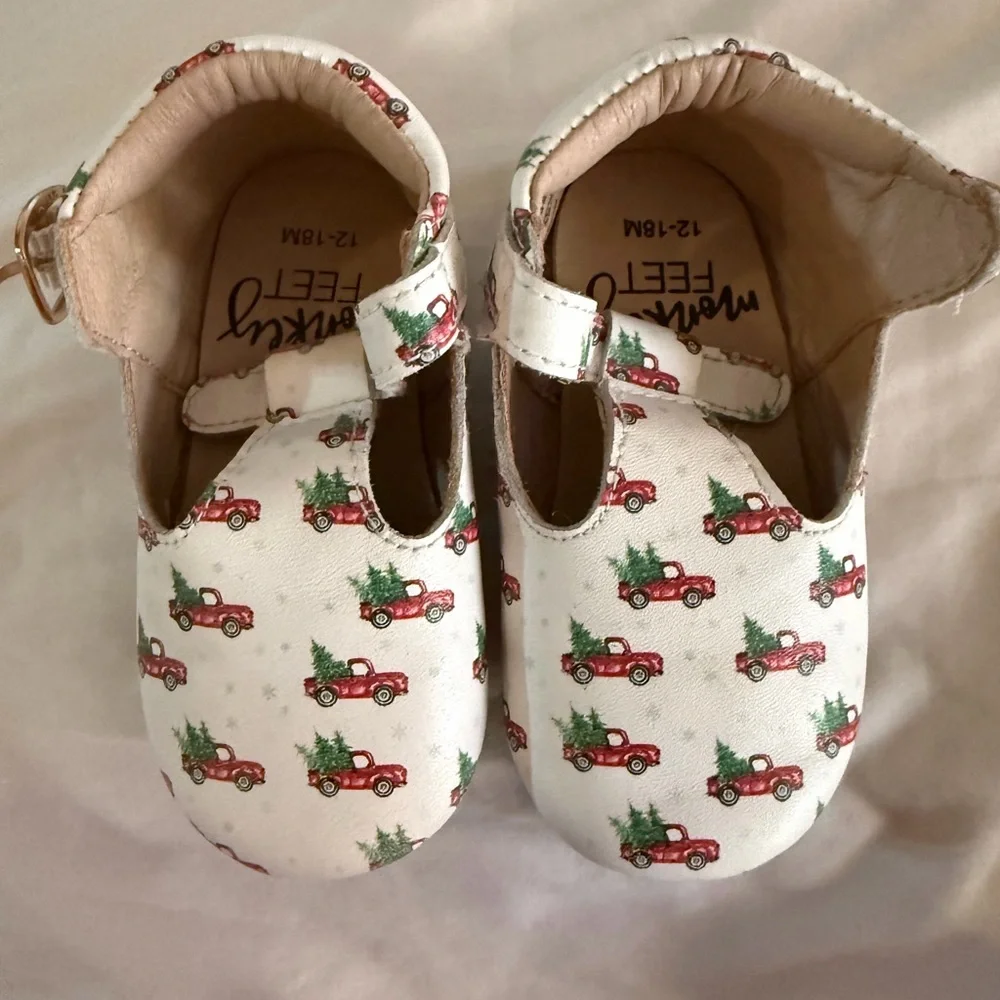 Monkey Feet White Mary Janes with Red Truck Print